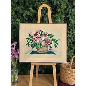 Vintage Floral Crewel Embroidery Wall Art Framed Needlework-Midcentury-Handmade